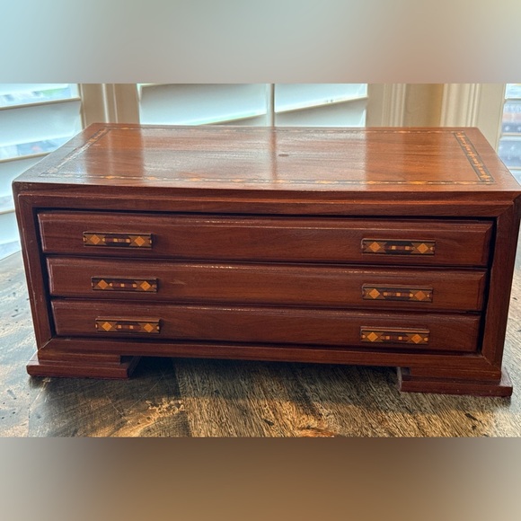 Massive Handcrafted Inlaid Wood Three Drawer Jewelry Storage Box